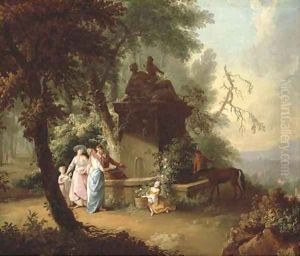 An extensive landscape with elegant company by a fountain in a wooded glade by William Delacour