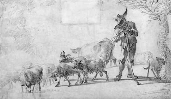 A herdsman with his animals on a path - view 1