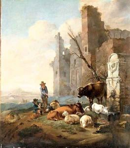 An Italian landscape with herdsmen