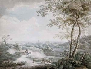 An extensive landscape with a shepherd and his flock on a path by Adriaan Jacob Willem Dielen