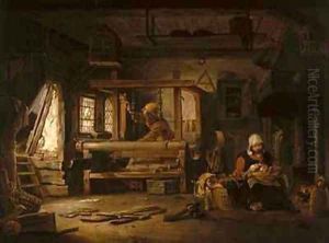 Interior of a Weavers Cottage with a Mother and Child by Cornelius Decker