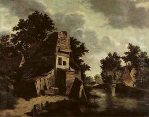 A house in a wooded river landscape with a washerwoman in the foreground by Cornelius Decker