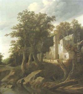A wooded river landscape with figures conversing outside a ruinous building by Cornelius Decker
