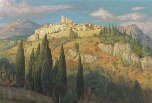 A village in a Mediterranean landscape by Francois-Joseph Dehaspe