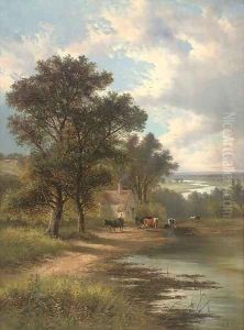 Cattle watering before a cottage; and A boy in a punt in an extensive landscape