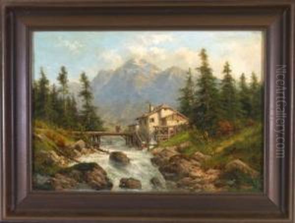 Wanderer Mit Kraxe Und Bauerin
Beim Befullen Eines Eimers Bei Einer Wassermuhle Am Wildbach In
Bewaldeter Berglandschaft - view 1