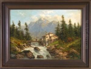 Wanderer Mit Kraxe Und Bauerin 
Beim Befullen Eines Eimers Bei Einer Wassermuhle Am Wildbach In 
Bewaldeter Berglandschaft by Karl Julius Rose