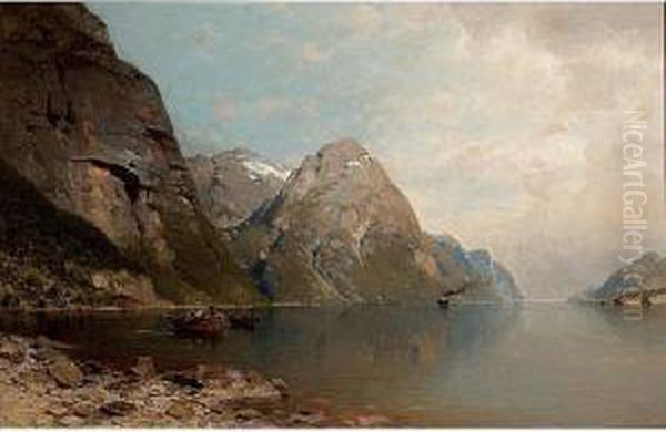Mountainous Lake Landscape With Fishermen - view 1