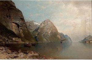 Mountainous Lake Landscape With Fishermen Mountainous Lake Landscape With Fishermen