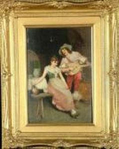 A Young Man In 17th Century Costume Serenading A Tavern Girl