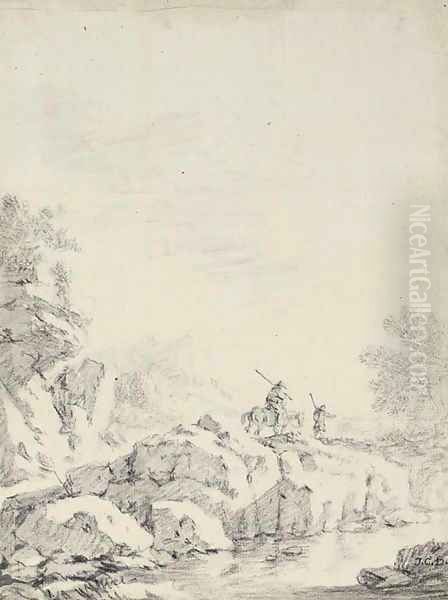 Travellers in a rocky river landscape - view 1