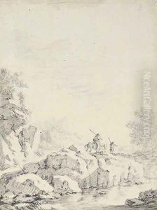 Travellers in a rocky river landscape by Johann Christoph Dietzsch