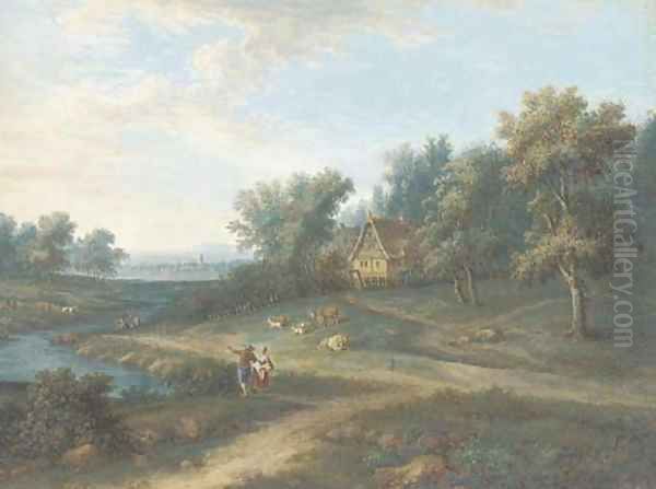 An extensive landscape with two figures by a stream - view 1