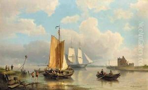 A river estuary with fishermen unloading the catch with a two-master beyond. by Pieter Christiaan Cornelis Dommersen