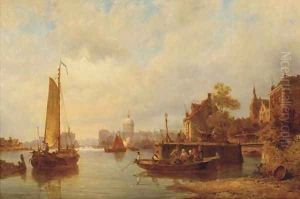 Figures in a rowing boat on a river near a Dutch town by Pieter Christiaan Cornelis Dommersen