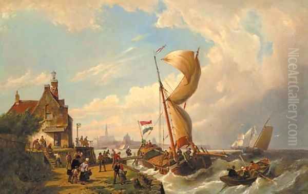 Passengers boarding a barge at the Goeser veerhuis with Goes in the distance - view 1