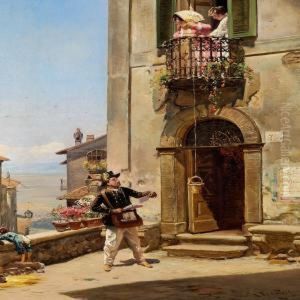 Two Italian Girlson A Balcony Lowering A Basket For The Postman