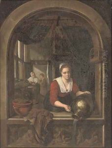 A girl with a water jug at a casement by Gerrit Dou