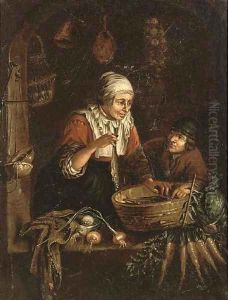 A woman and a boy at a casement with vegetables, a domestic interior beyond by Gerrit Dou