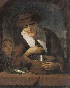 An old woman with a tub of fish at a casement