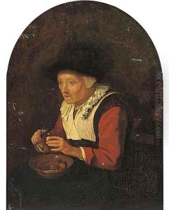 An old woman, sitting on a chair and peeling fruit by Gerrit Dou