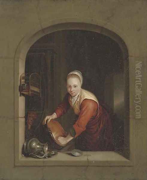 A girl washing pans at a casement - view 1