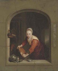 A girl washing pans at a casement