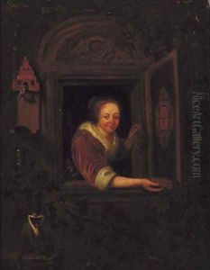 A lady with a monkey and a bullfinch at a casement by Gerrit Dou