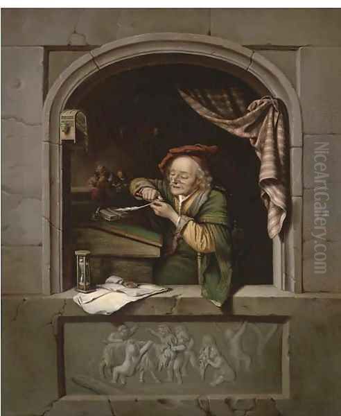 A scholar sharpening his quill at a casement by Gerrit Dou