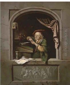 A scholar sharpening his quill at a casement