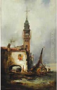 Scene De Port En Italie by Amedee Rosier