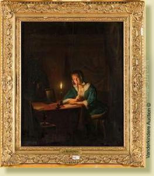 Jeune Fille Ecrivant Une Lettre A La Lueur Dela Bougie - view 1
