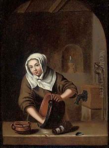 A woman cleaning pots at a casement