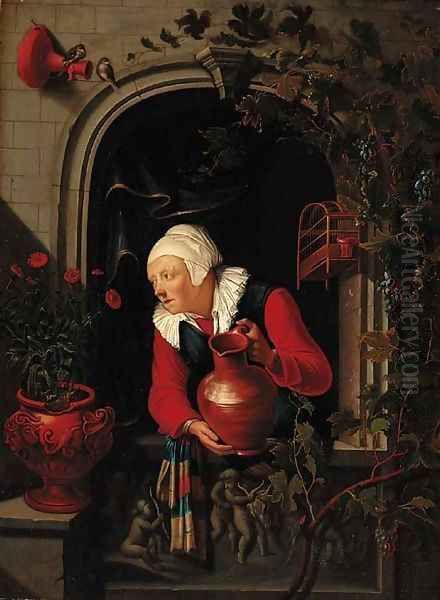 An elderly woman watering flowers at a niche window - view 1
