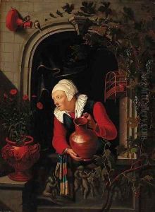 An elderly woman watering flowers at a niche window by Gerrit Dou