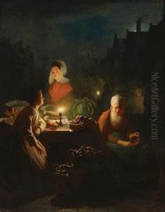 A Vegetable Seller By Candlelight by Johannes Rosierse