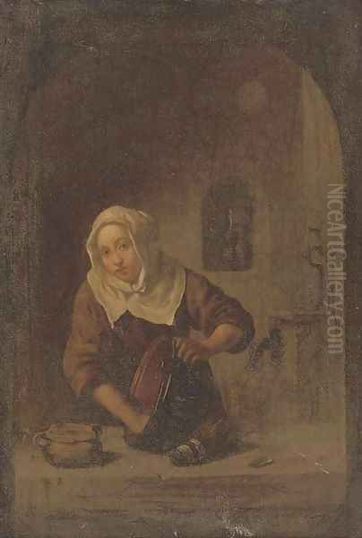 A lady washing at a casement - view 1