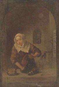 A lady washing at a casement by Gerrit Dou