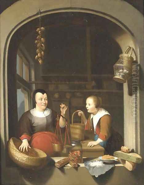 A shop-keeper and a maid seen through a casement - view 1