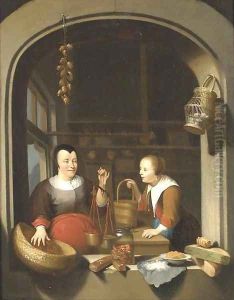 A shop-keeper and a maid seen through a casement