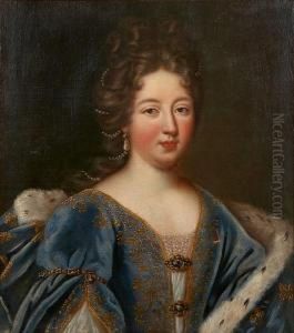 A Portrait Of A Lady In An Ornate Blue Gown With Fur Trimmed Cape by Alexander Roslin