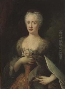 Portrait Of A Lady, Half-length,
 In A Blue Fur-trimmed Cloak, Holding A Dog Under Her Left Hand, And A 
Pink Rose With Other Flowers In Her Right