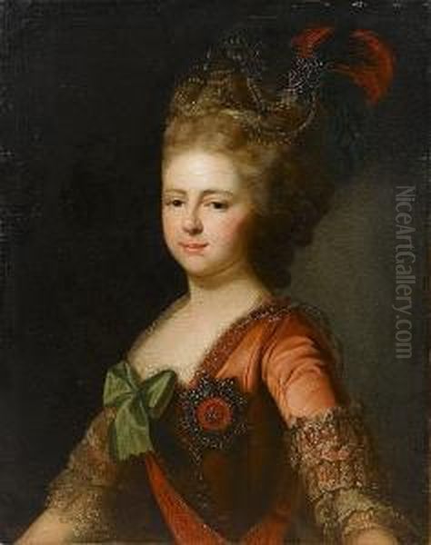 Portrait Of Archduchess Maria 
Feodorovna, Half-length, In A Coral, Lace-trimmed Dress With A Green 
Bow, Wearing The Imperial Order Of St. Catherine The Great Martyr - view 1