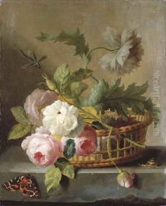 Roses and morning glory in a basket on a stone ledge