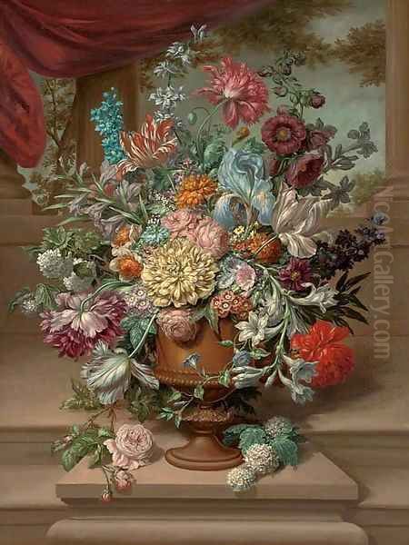 Parrot tulips, carnations, morning glory, narcissi and other flowers in an urn on a plinth by a partly-draped colonnade - view 1