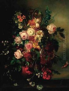 Roses, tulips, pansies and other summer flowers in a vase on a ledge