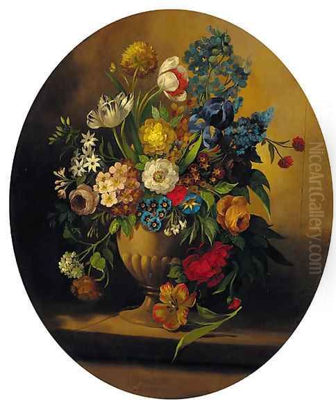 Summer flowers in an urn on a ledge; and Summer flowers in a glass vase on a ledge - view 1