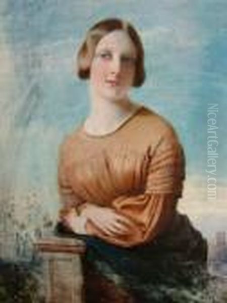 A Portrait Miniature Depicting
Ayoung Woman Standing Three-quarter Length In An Italianatelandscape,
Wearing A Brown Dress And Blue Petticoat - view 1