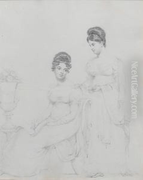 Two Ladies; Miss Emily Gregg, To
 The Left,wearing Dress With Short Puffed Sleeves And Elbow-length 
Gloves,her Hair Curled And Dressed High, Seated, A Shawl Over The Back 
Ofher Chair, A Sketch Book In Her Lap And A Pencil In Her Right Hand;her
 Comp - view 1