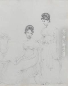 Two Ladies; Miss Emily Gregg, To
 The Left,wearing Dress With Short Puffed Sleeves And Elbow-length 
Gloves,her Hair Curled And Dressed High, Seated, A Shawl Over The Back 
Ofher Chair, A Sketch Book In Her Lap And A Pencil In Her Right Hand;her
 Comp